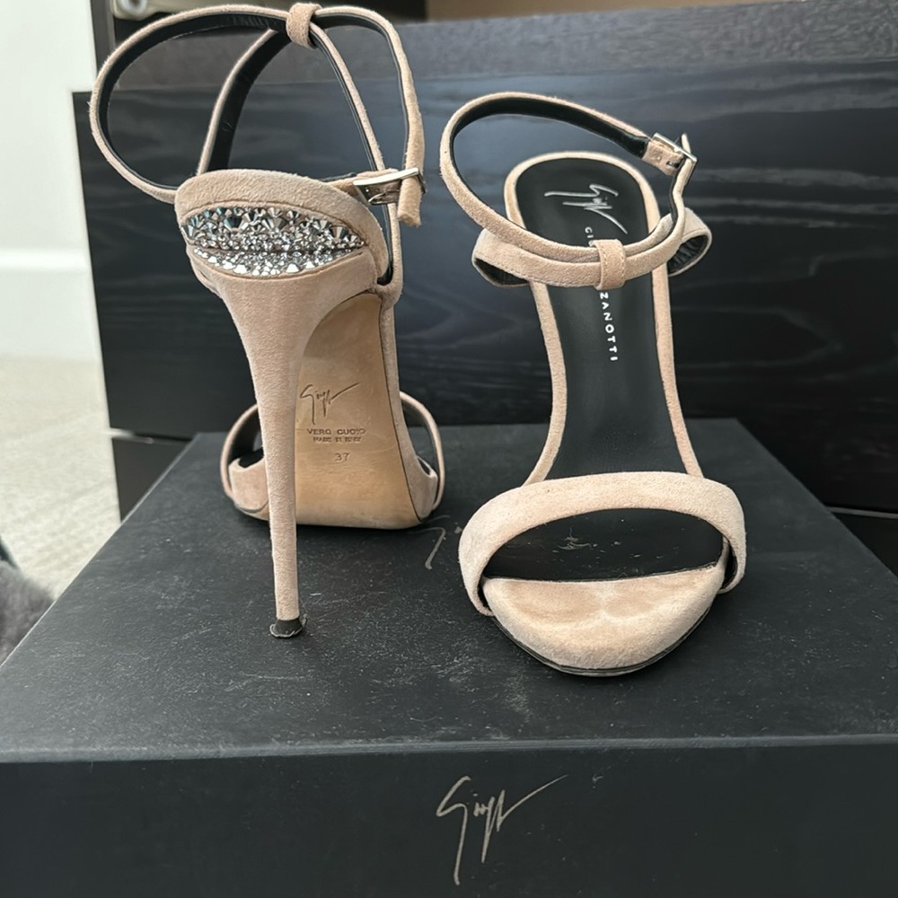 Giuseppe Zanotti Blush Nude High Healed Sandals with Crystals
